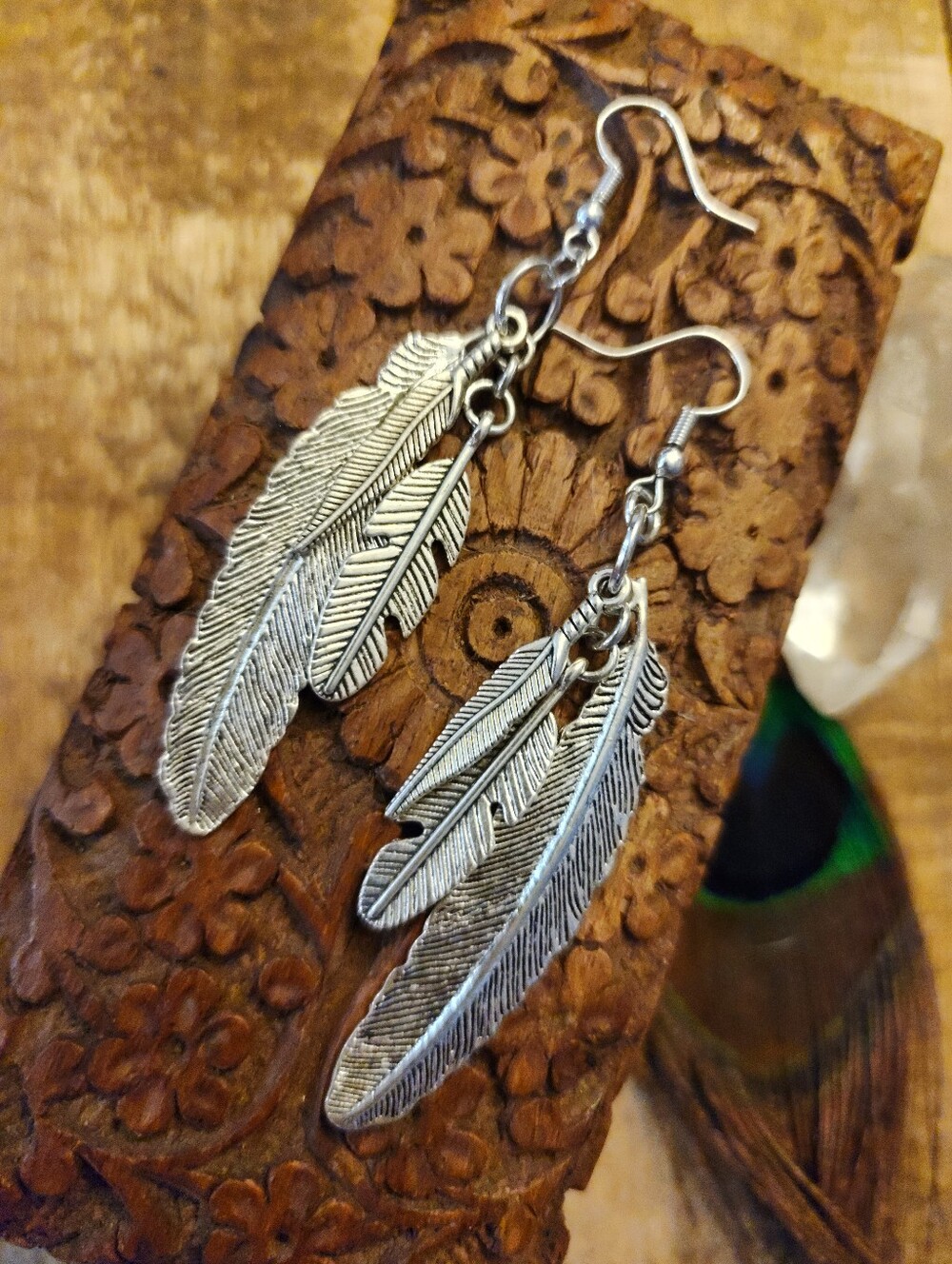 Long Dangling Feather Earrings ~ Free Spirit ~ Hypoallergenic ~ Boho Earrings